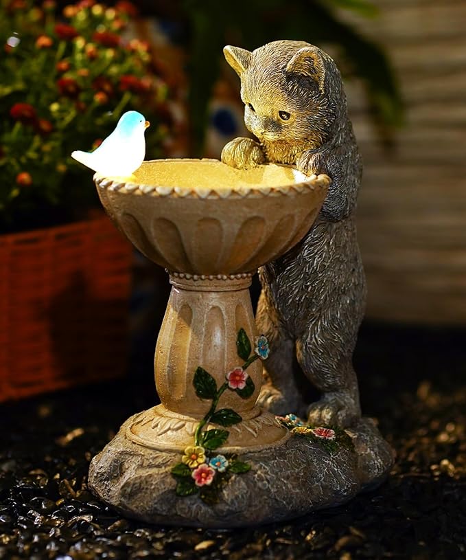 Solar Cat Statues for Bird Bath: Outdoor Sculptures for Garden Lawn Patio Yard Balcony Porch - Unique Gifts for Mother Grandma Women