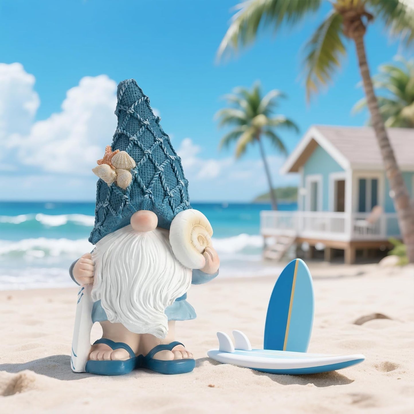 Garden Sea Gnome Statue Decoration Indoor Outdoor Resin Beach Gnome Sculpture for Home Office Desktop Bathroom, Summer Pool Decoration Outdoor Gifts (Surfboard)