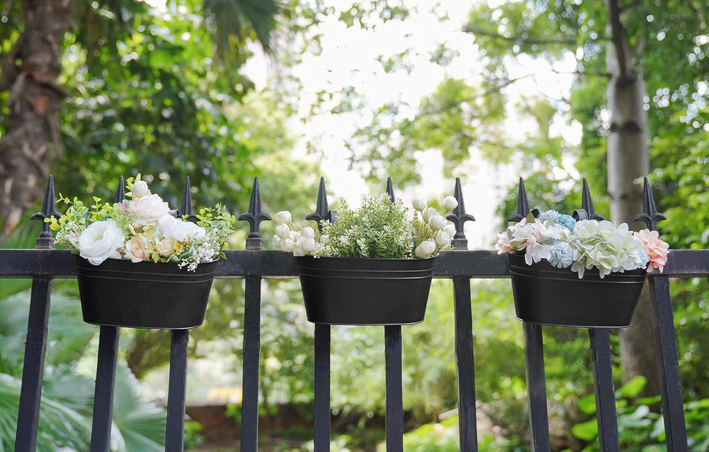 Dahey Metal Iron Hanging Flower Pots for Railing Fence Hanging Bucket Pots Countryside Style Window Flower Plant Holder with Detachable Hooks Home Decor,Black,3 Pcs