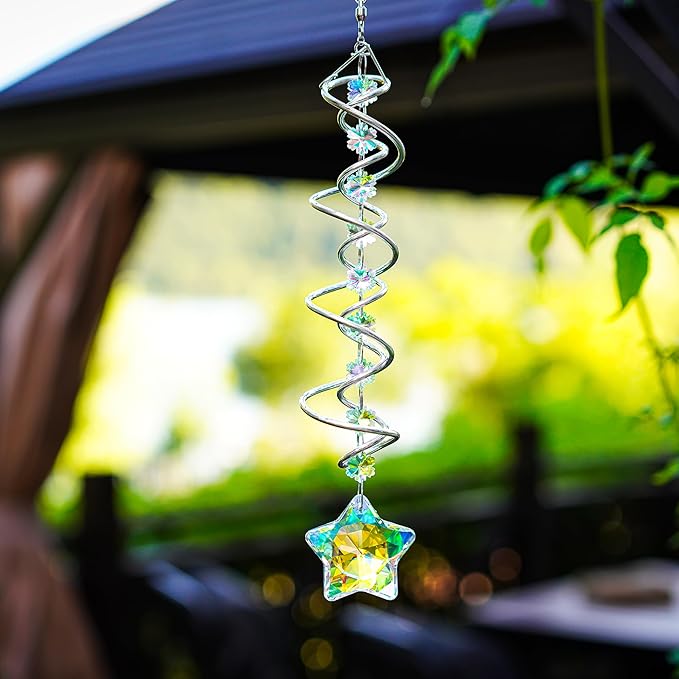 H&D HYALINE & DORA 21inch Crystal Suncatcher for Window Hanging Double-Spiral Design Gazing Ball Spiral Tail Wind Spinners Sun Catchers Rainbow Maker Indoor Outdoor Christmas Decoration