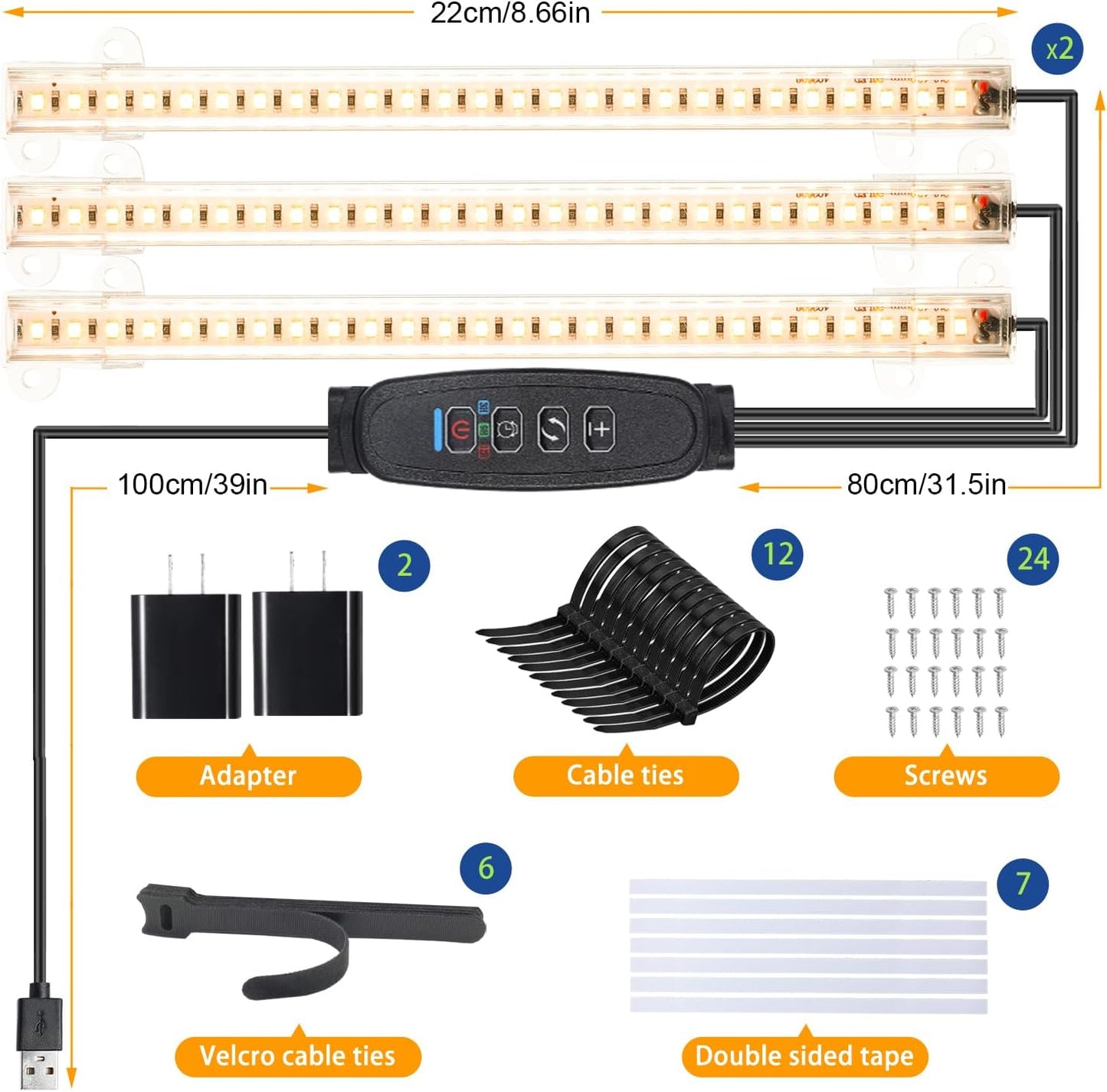 LED Grow Light Strips, Grow Lights for Indoor Plants Full Spectrum 3000K, Plant Light Bar with 3/9/12H Timer, 10 Dimmable Levels for Seedling Succulent,Best Match for Plant Shelf(3 Head×2 Pack)