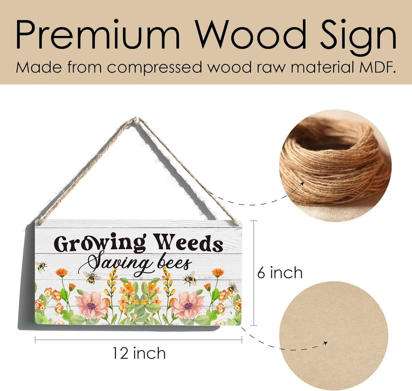 Garden Sign Gift Farmhouse Growing Weeds Saving Bees Wooden Hanging Sign Plaque Colourful Rustic Wall Art Decor for Home Garden Decoration 12 x 6 Inches