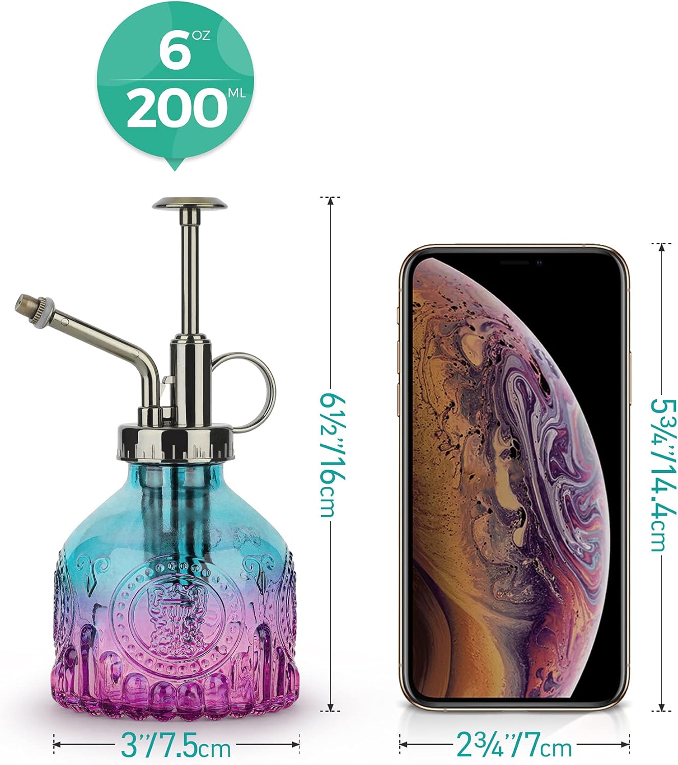 T4U Glass Plant Mister 200ML, Vintage Spray Bottle with Top Pump, Fine Mist Garden Flower Sprayer Small Decorative Spritzer Watering Can Gift for Indoor Outdoor Succulent House Plant (Gradient Color)