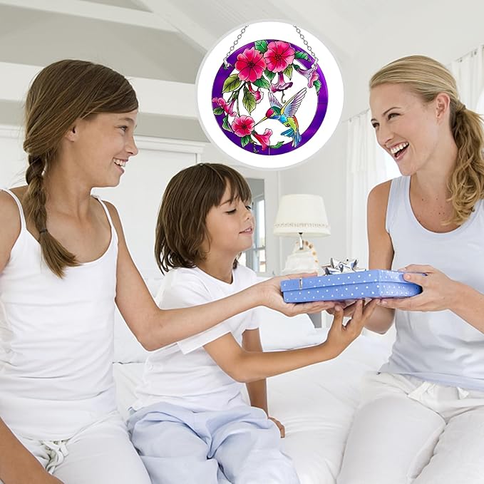 Larger Purple Stained Glass Window Hanging, Hummingbird Gifts for Women, Bird and Flowers Suncatcher, Hummingbird Gifts for Women, Bird and Flowers Suncatcher for Window, Hand Painted Glass