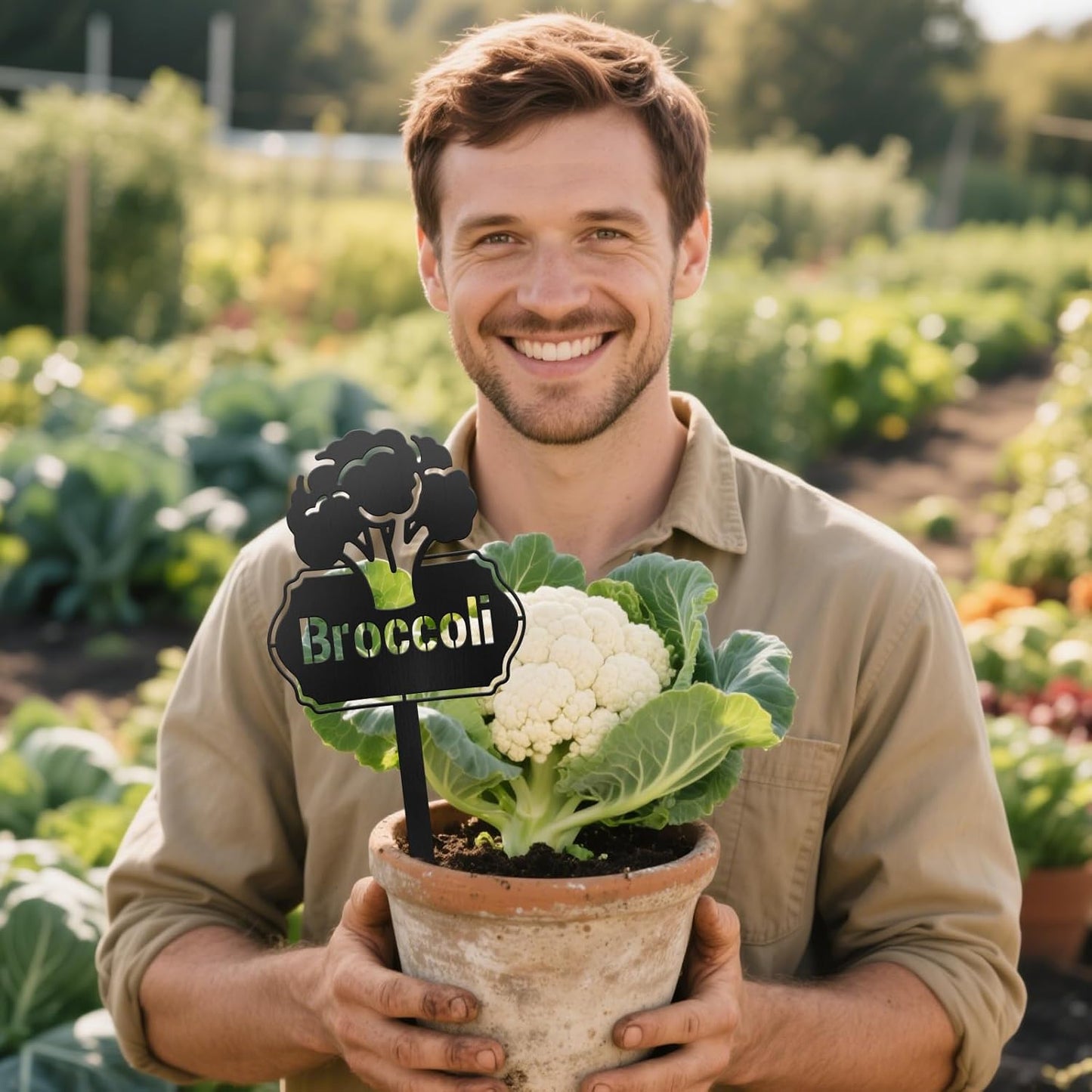 CUTHOLLOW Metal Plant Marker Stake Broccoli for Outdoor Indoor, Waterproof 11.8 inch Cute Garden Plant Labels Sign Tag for Vegetables, Farmhouse Greenhouse Decor - Funny Gardening Gifts