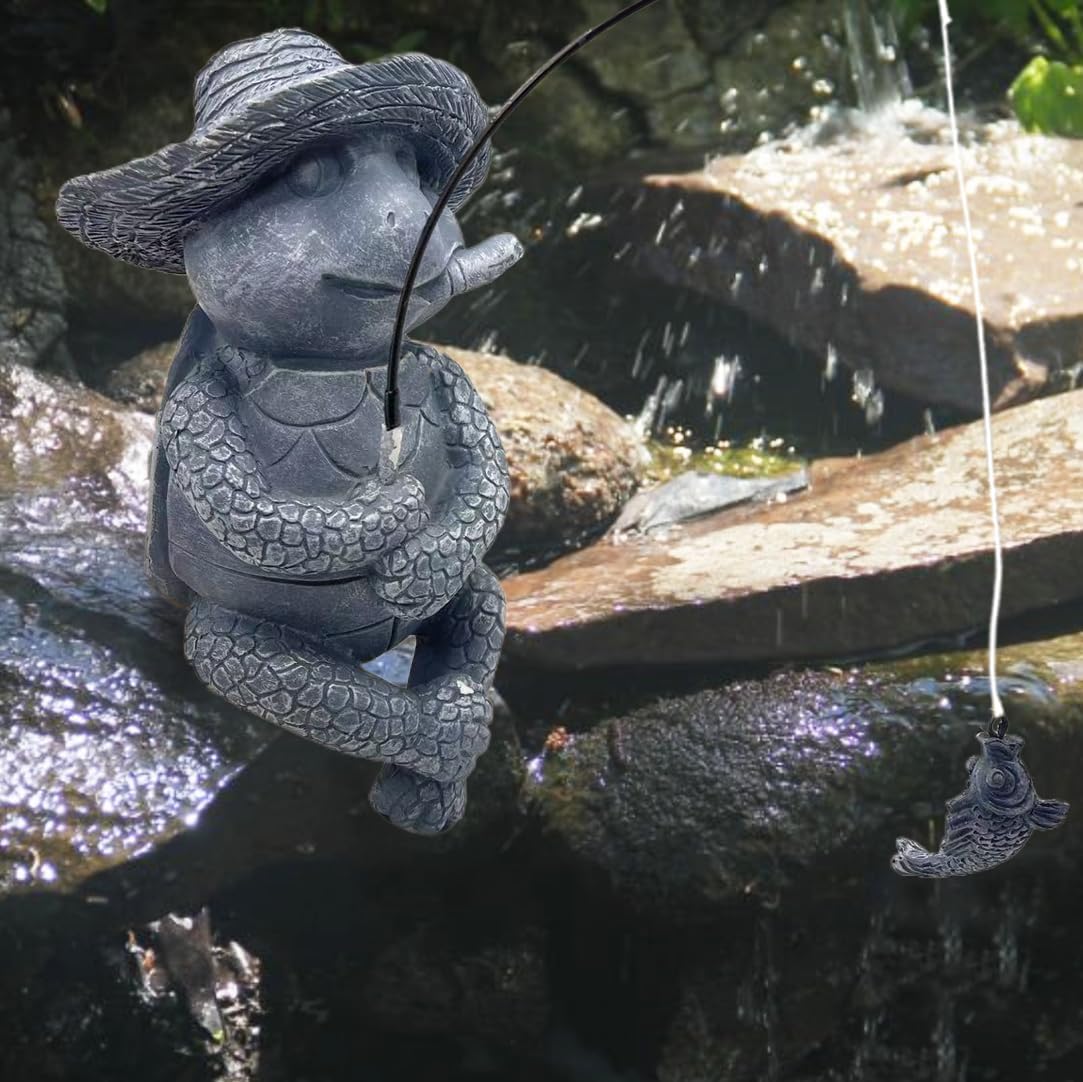 Tortoise Fishing Statue Garden Decor,9.8" Weatherproof Resin Tortoise Fishing Sculpture Decor for Fish Ponds, Koi Ponds, Waterfalls, Poolside Outdoor Gardens Resin Figurine for Indoor Outdoor Décor