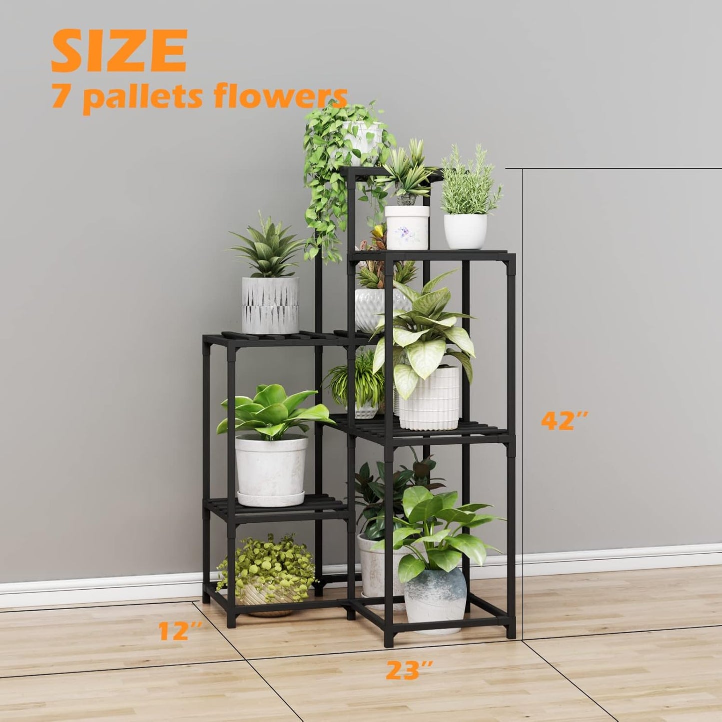 Bamworld Outdoor Black Corner Plant Shelf/Holder - 7-Tier Stands for Multiple Plants - Patio, Balcony, Garden
