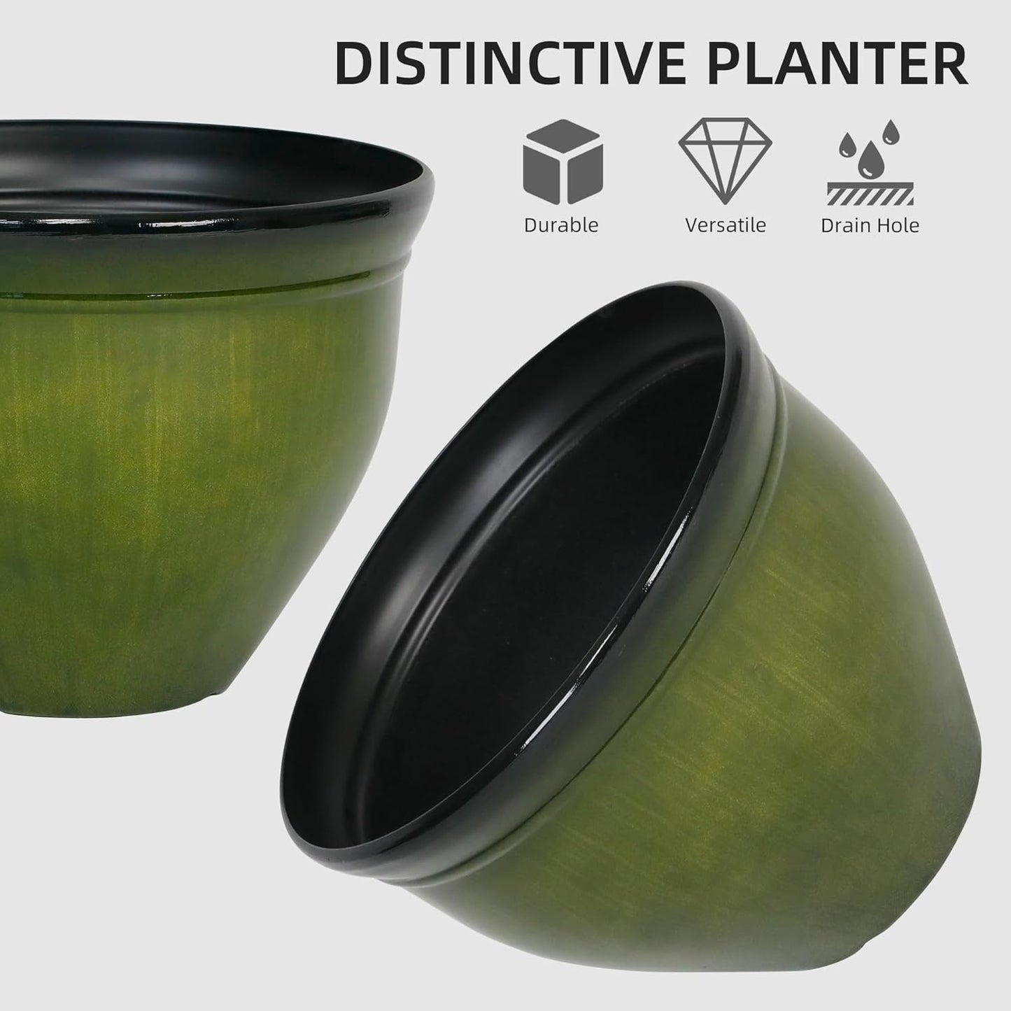 Worth Garden 8-Inch Dia. Round Green Plastic Planters with Drain Holes, 5.9-Inch Height - 2-Pack Glossy Finish Bell-Shaped Plant Pot – Lightweight Indoor/Outdoor Flower Pots