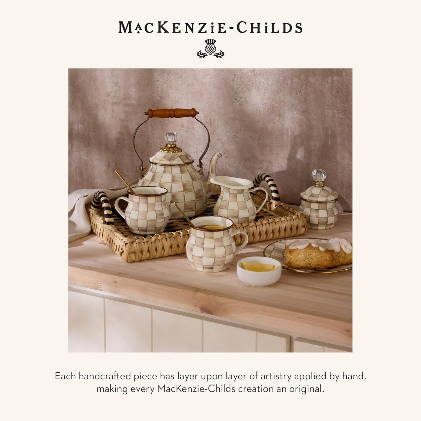 MACKENZIE-CHILDS Enamel Garden Pot, Decorative Pot for Plants, Outdoor Flowerpot Decor, Small, Brown-and-White Mocha Check