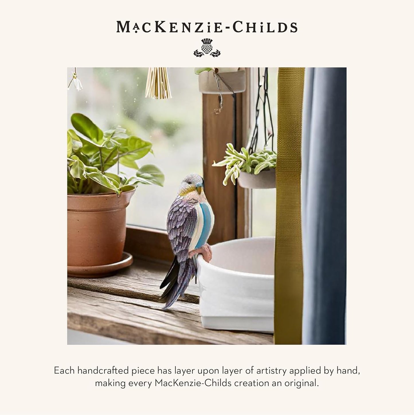MACKENZIE-CHILDS Pot Climber, Decorative Flowerpot Hanger, Indoor and Outdoor Planter Hanging Decor, Blue Parakeet