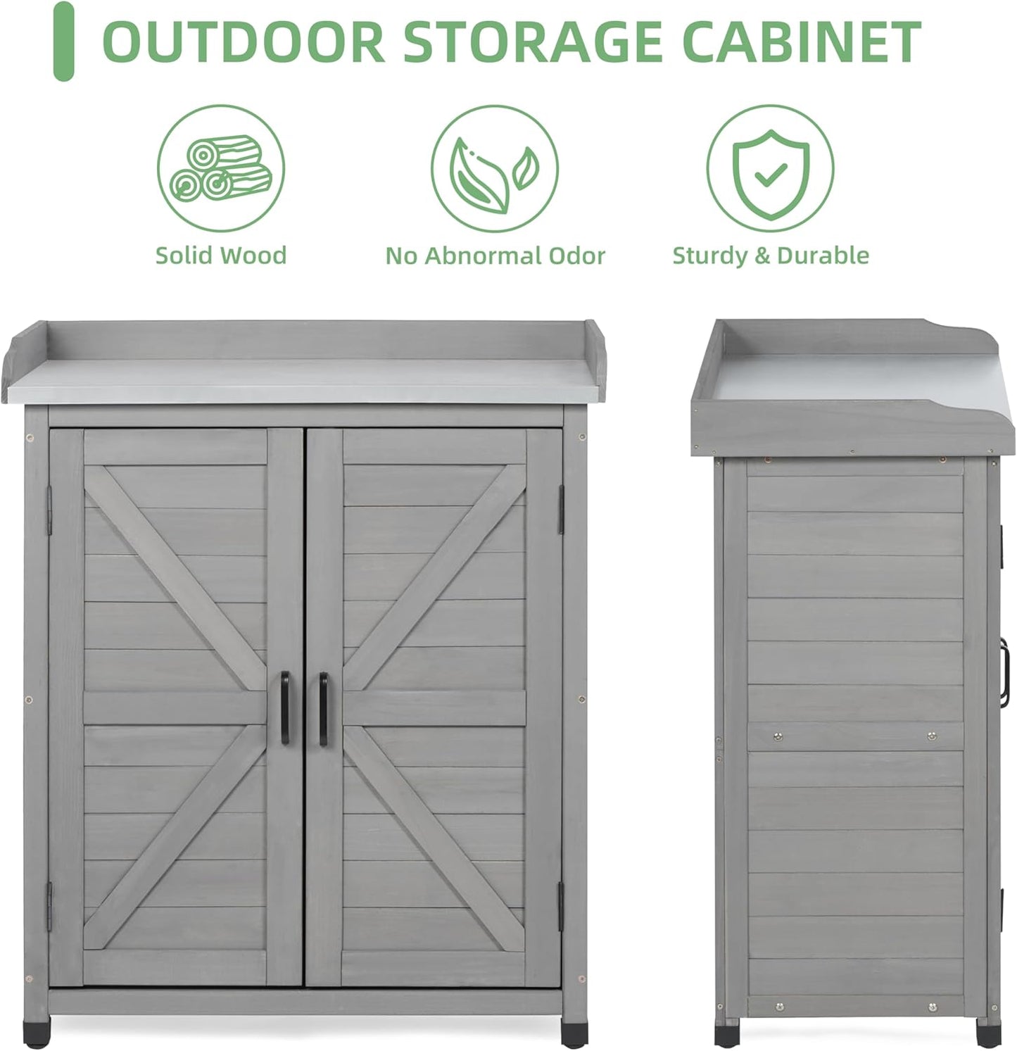 Potting Bench with Storage Cabinet and Metal Table Top for Outdoor Patio, Garden Furniture Wood Workstation (Classsic Grey, 31.5x17x39)