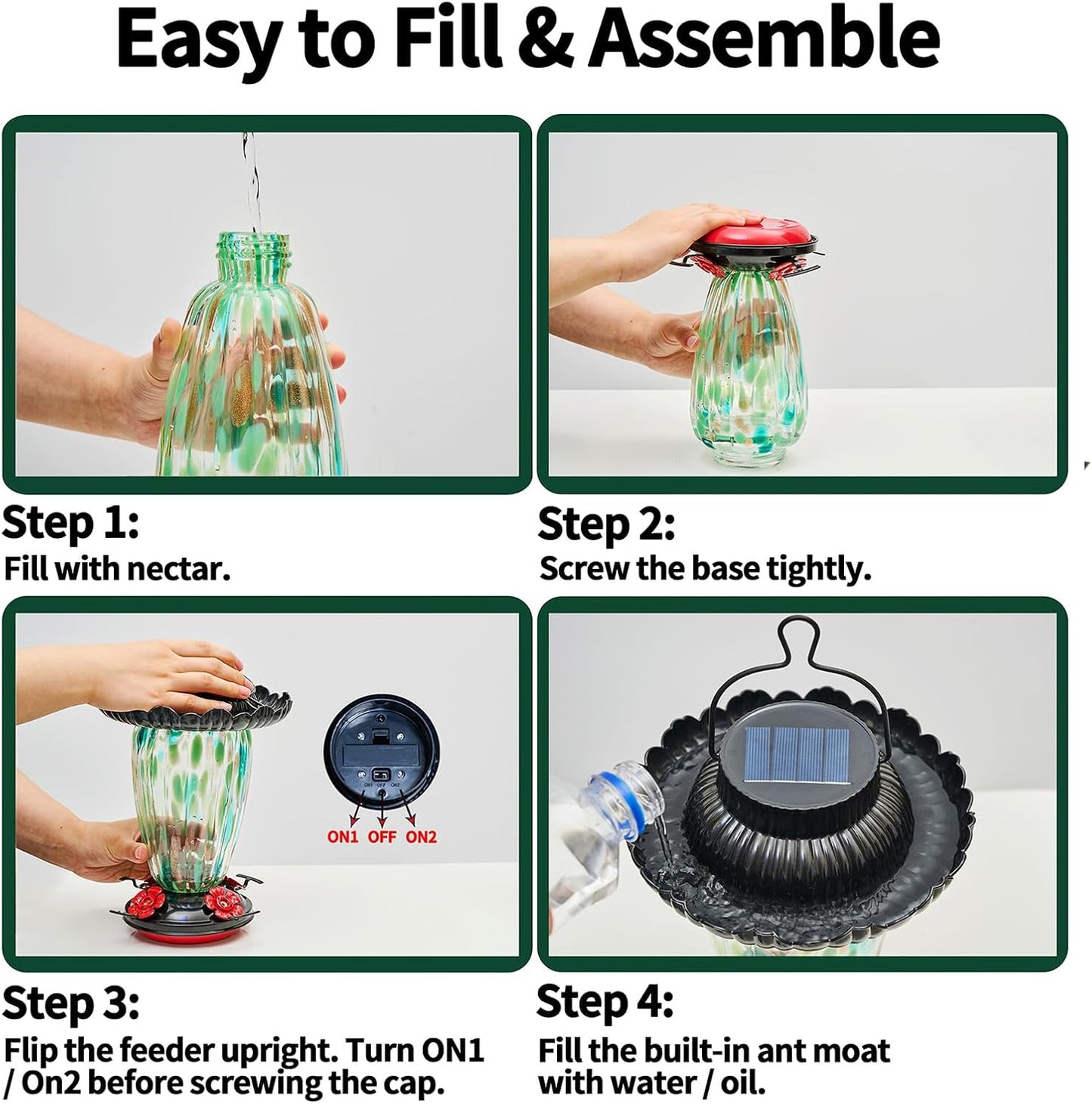 Muse Garden Solar Hummingbird Feeders for Outdoors Hanging, 38oz Hand Blown Glass Humming Bird Feeders for Garden Decor, Moms Birthday Unique, White