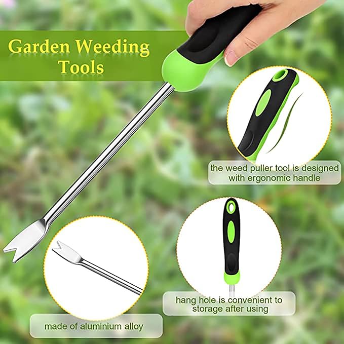 SHANFEEK Dandelion Puller with V-Shaped Shovel Gardening Hand Tools 13-Inch Weed Remover Tool for Garden Yard Weed Puller with Rubber Non-Slip Handle (Green)
