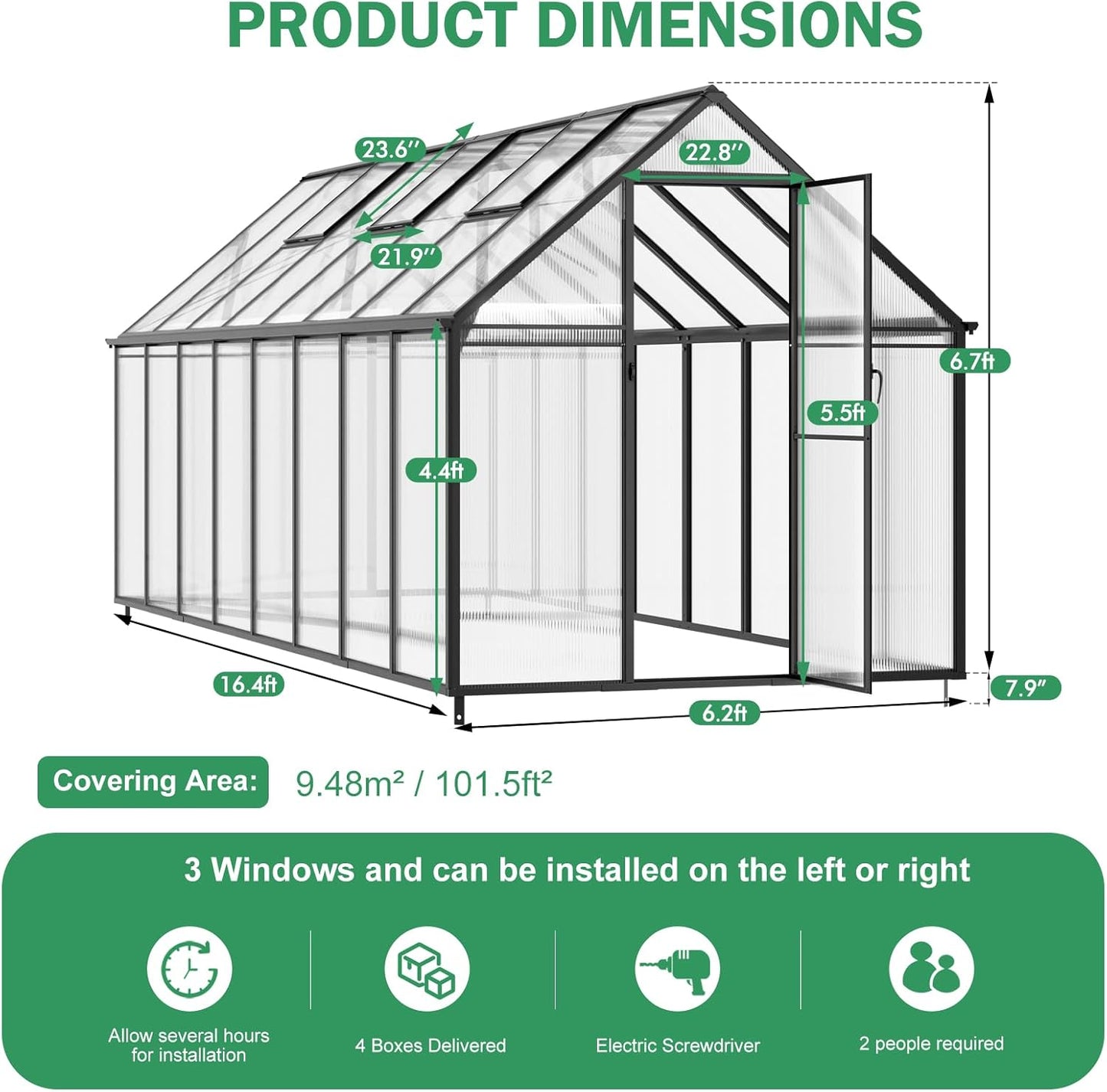 CDCASA 16x6 FT Greenhouse for Outdoors, Easy Assembly Large Aluminum Heavy Duty Polycarbonate Greenhouses Kit w/2 Window, Swing Door, Walk-in Green House for Outsides, Sunroom, Backyard, Garden