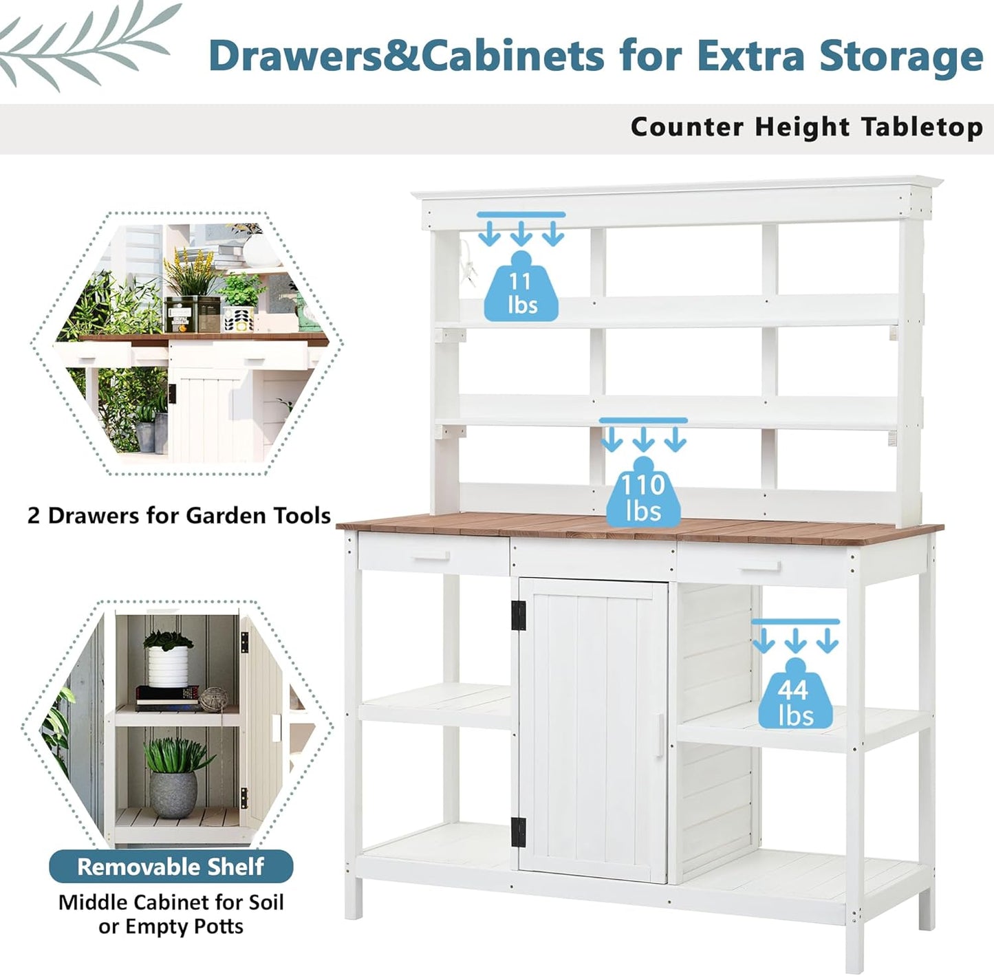 Outdoor Wooden Potting Bench Table – Farmhouse Garden Workstation with Drawers, Cabinet & Storage Shelves, Large Fir Wood Work Table for Patio, Backyard, Mudroom, Greenhouse (White, 66'' H)