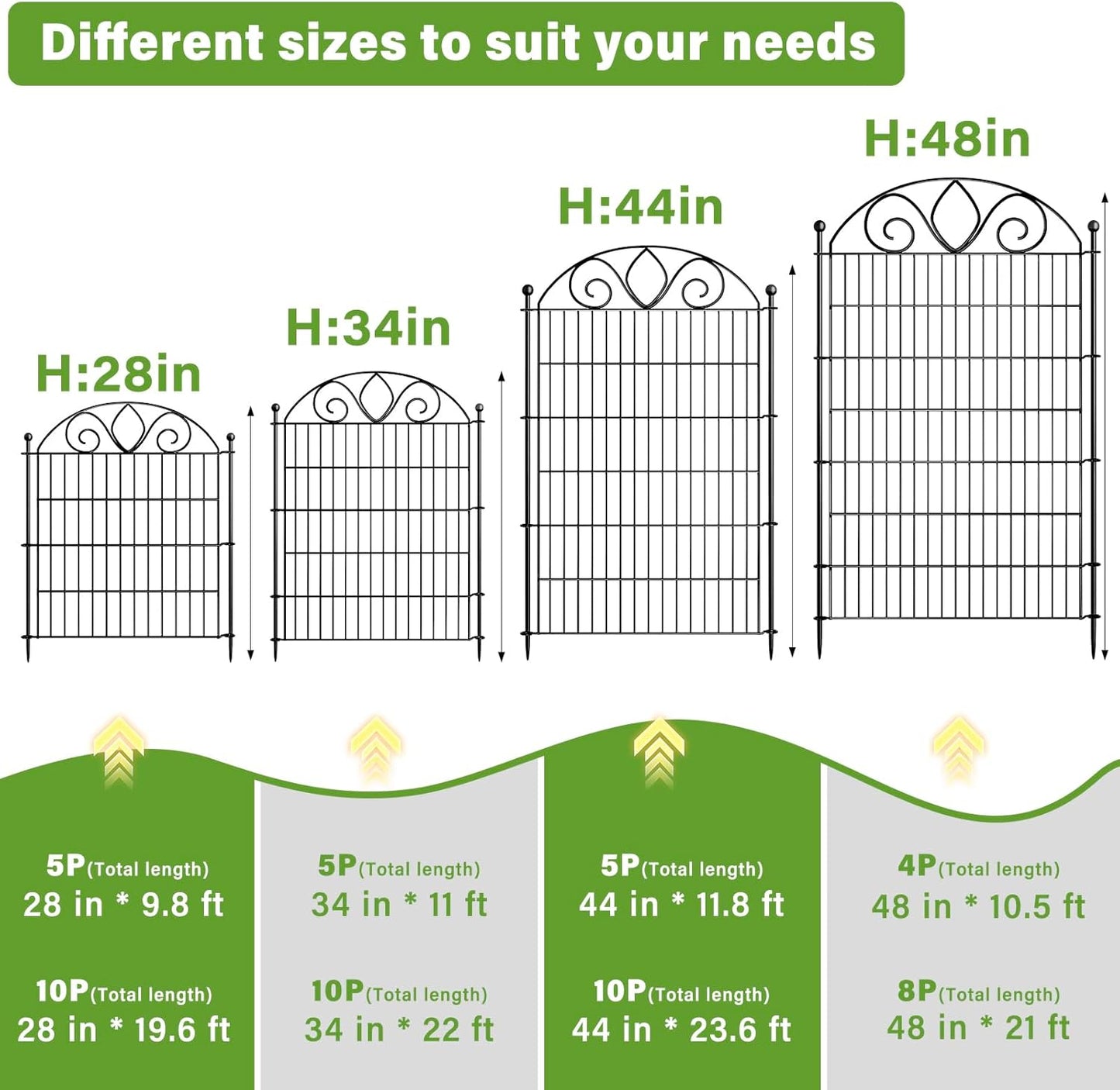 5 Panels No Dig Tall Garden Fence with Gate – 34" H X 11' L Rustproof Metal Dog Fence Outdoor for Yard, Decorative Animal Barrier Fence for Pet, Garden Border, Patio, Flower | Temporary Fencing