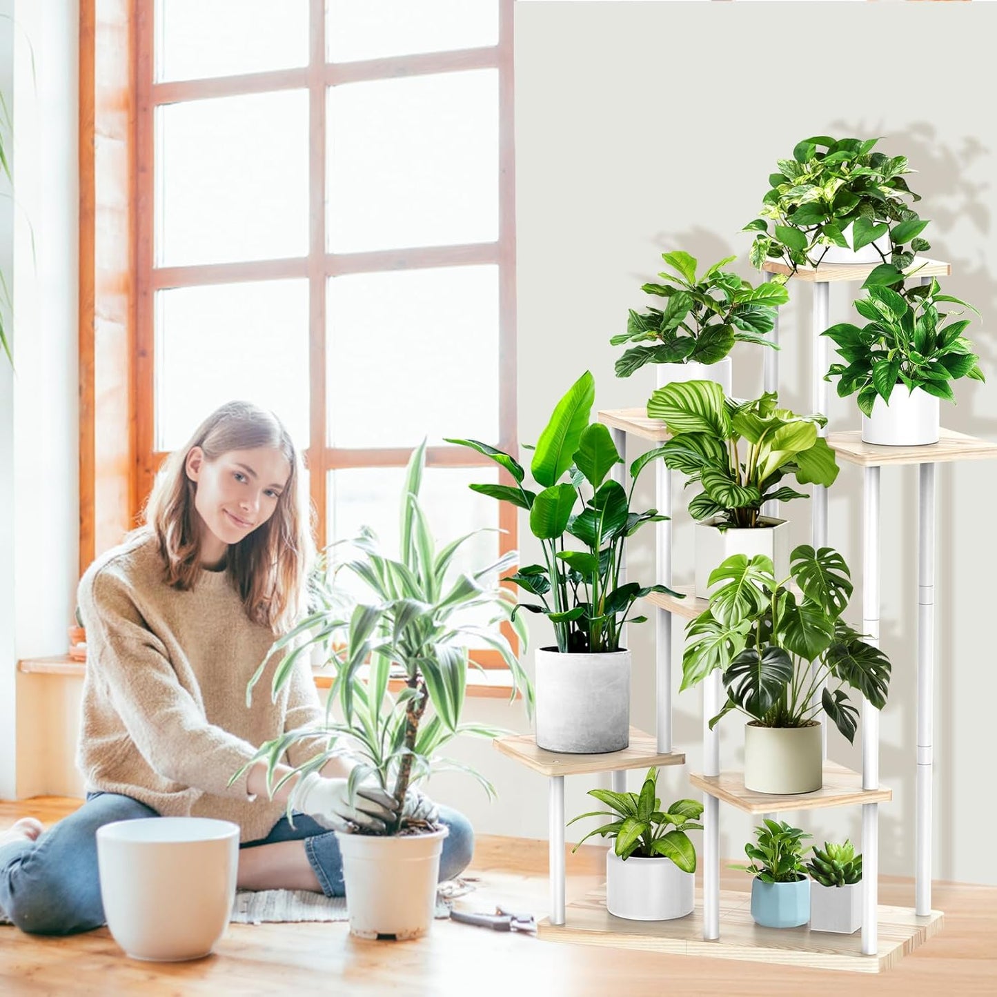 7 Tier Wood Tall Plant Stand Metal Rack Indoor, Multiple Flower Pot Holder Shelves Corner Rack, Planter Shelf Display Rack Storage Organizer for Patio Living Room Balcony Garden(White Oak)