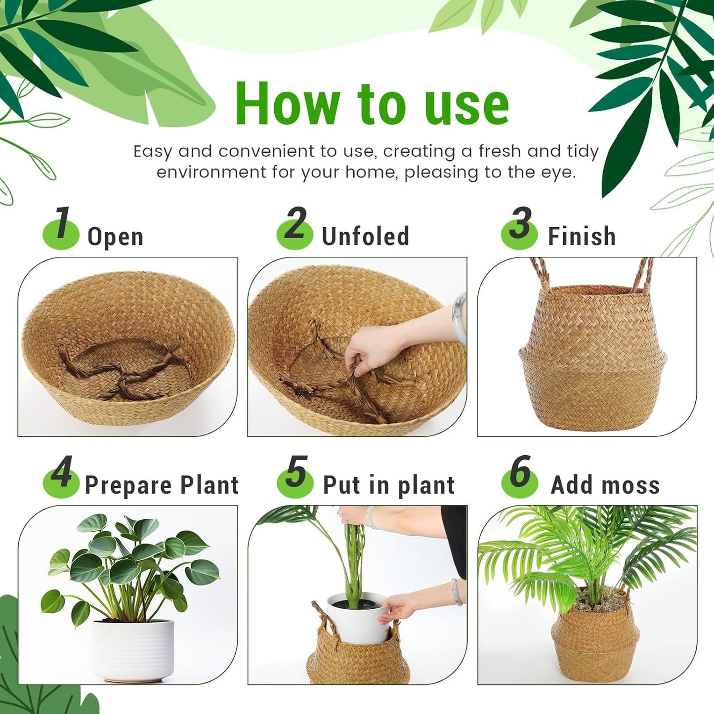 3 Pack Large Wicker Plant Basket with Handle 10 Inch Woven Seagrass Belly Basket and Artificial Moss for Plants Picnic Grocery Laundry House Storage Home Decor (Small,Medium,Large)