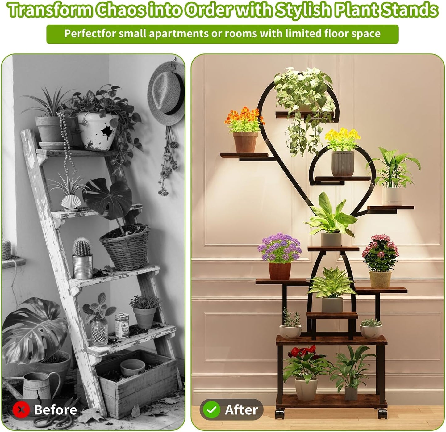 Plant Stand Indoor with Grow Lights, 10 Tiered Indoor Plant Shelf with Wheels, 65" Lighted Corner Plant Stands for Indoor Growing, Heart Shape Decorative for Living Room, Balcony, Black