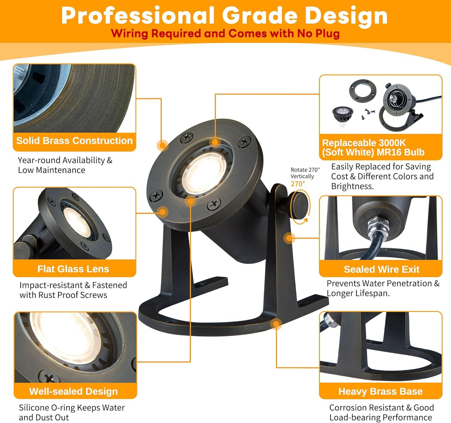 Bronze Pond Light - 12V Low Voltage Solid Brass Submersible Pondlight, IP68 Waterproof Fixture with 3000K MR16 LED Bulb for Outdoor Garden, Landscape, Waterfall, Fountain Lighting(8 Pack)