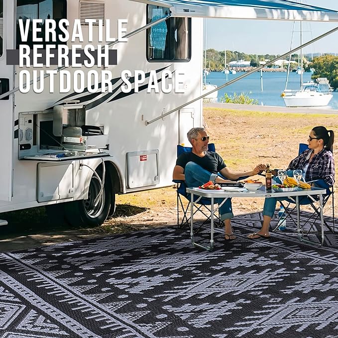 OLANLY Outdoor Rug Waterproof 4x6 ft, Reversible Outdoor Plastic Straw Rug, Boho Patio Rug, Indoor Outdoor Carpet, RV Mat Outside for Patio, Camp, Picnic, Balcony, Deck, Backyard, Black & Grey