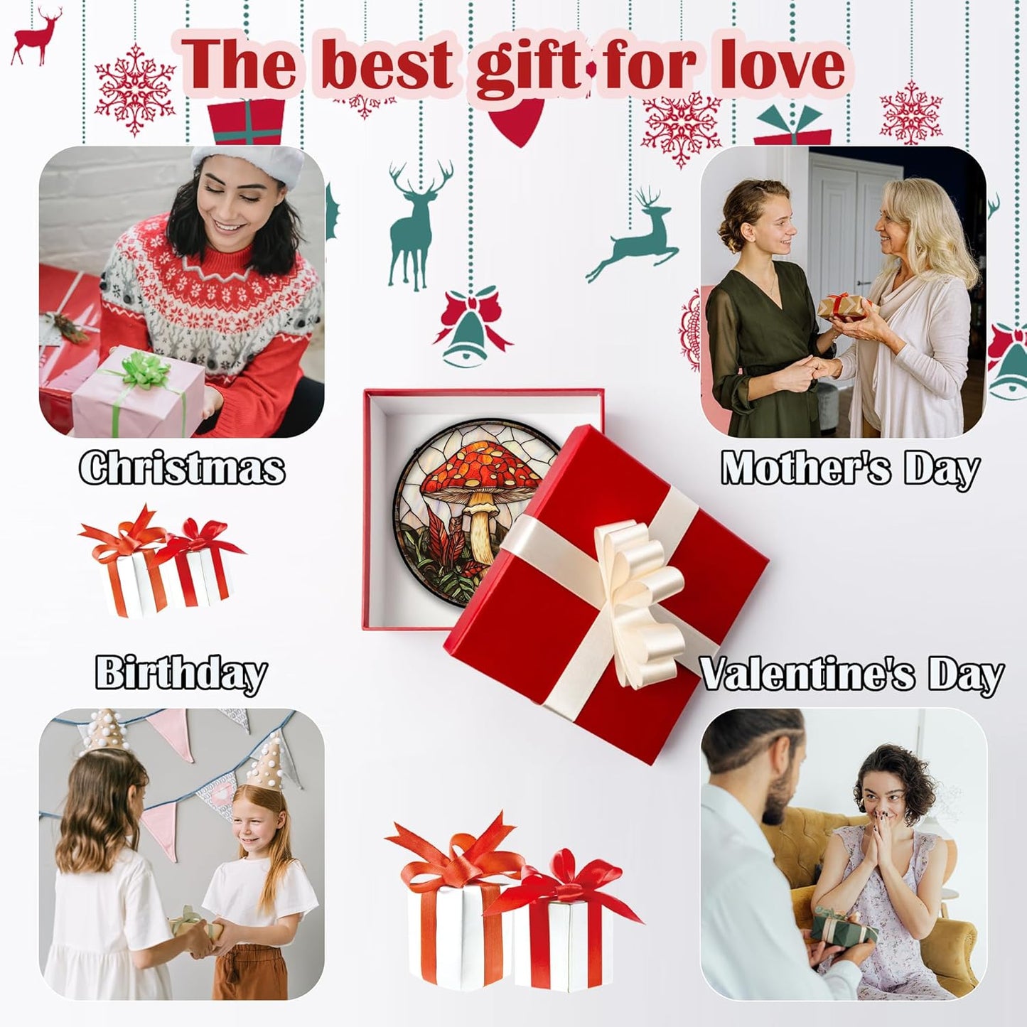 Stained Glass Window Hanging, Big Red Mushroom Suncatcher for Doors Home Sun Catchers Decoration and Christmas, Mother's Day Birthday Gifts for Women, Men, and Mom 11.8x11.8 in