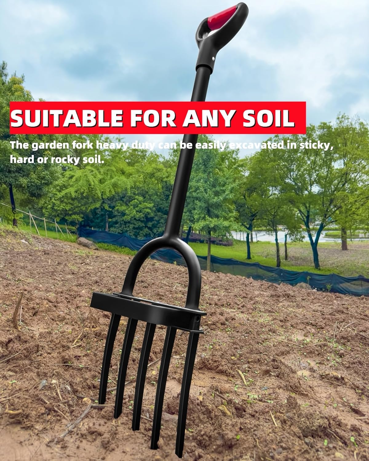 Garden Fork, Pitchforks for Digging Composting Spading, Long Hand Tiller & Cultivator - 5 Tine, 45 inches