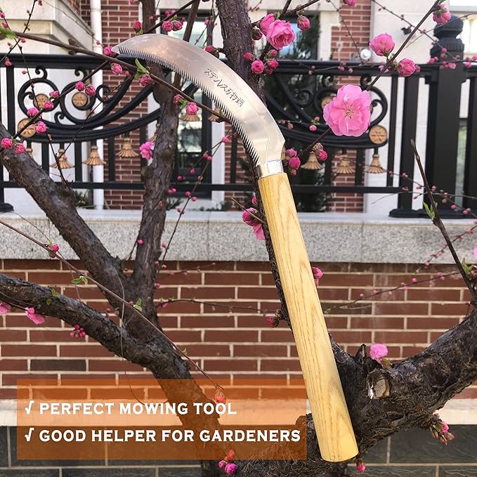 SHANFEEK Grass Sickle with Sawtooth Japanese Weeding Hoe Weeding Tools for Garden High Toughness Stainless Steel with Hard Solid Wood Handle(Yellow)