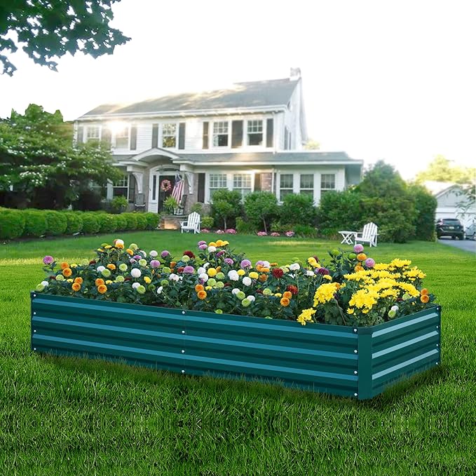 Raised Garden Bed Green, 6x3x1ft Galvanized Raised Garden Beds Outdoor for Vegetables Flowers, Raised Bed Planter Box, Metal Raised Garden Bed Kit with Gloves and 3ftx30ft Weed Barrier Fabric
