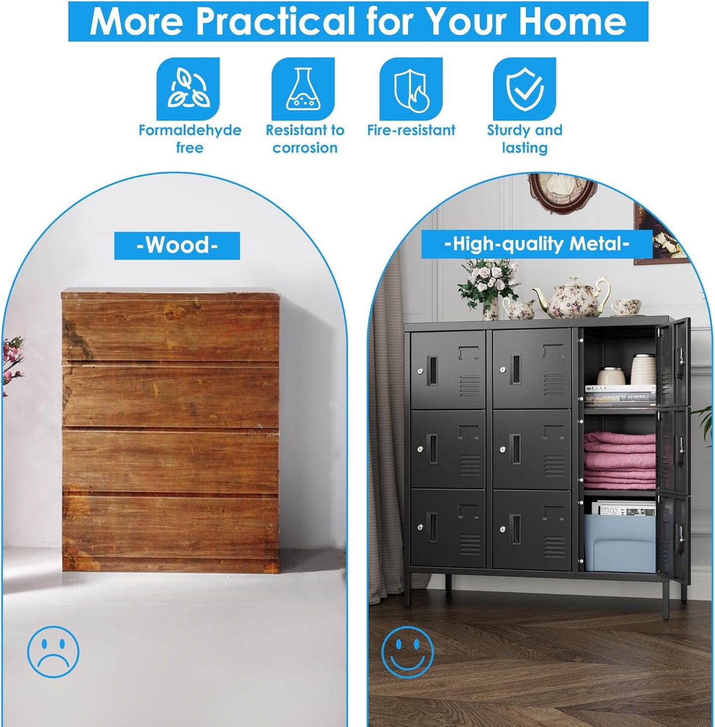 METAN Metal Locker with Padlock and Keys for School Office Gym Bedroom, 9 Doors Black Steel Storage Locker Cabinet for Employees Industrial Storage,Assembly Required