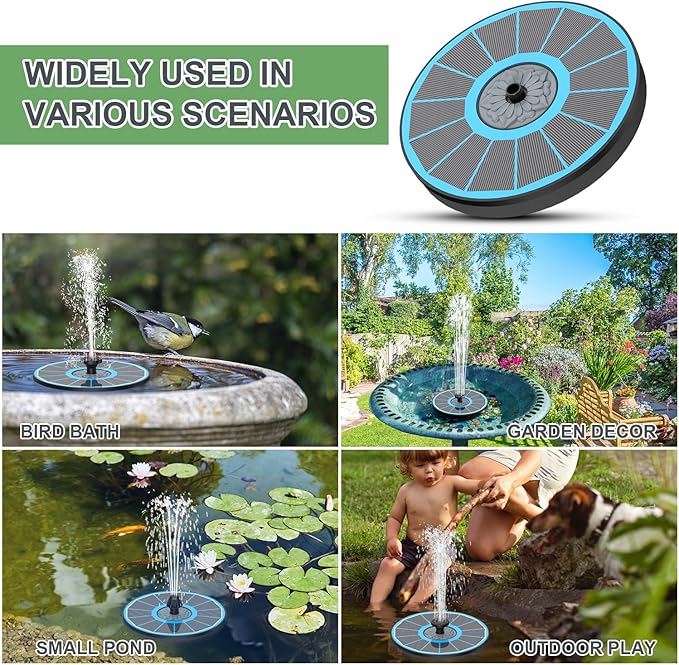 Solar Fountain Upgraded High Efficiency Glass Solar Panel, Solar Bird Bath Fountains with Flower No Battery,Solar Water Pump Fountain for Bird Bath Garden Small Ponds Outdoor Décor(Blue)