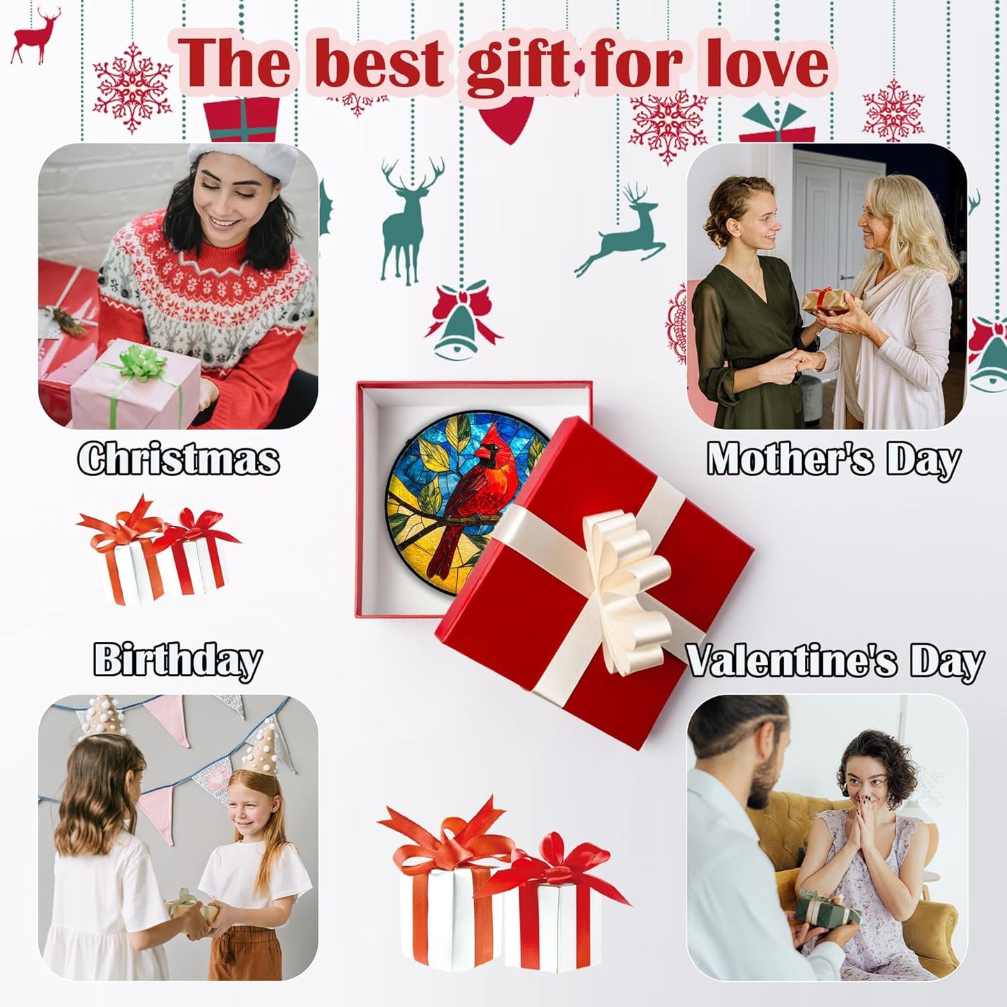 Stained Glass Window Hanging, Blue Sky Cardinal Sun Catchers Colorful Glass Panel Red Birds Suncatcher Decor for Birthday for Women, Men, Wife, Aunt, and Mom 14.9x14.9 in