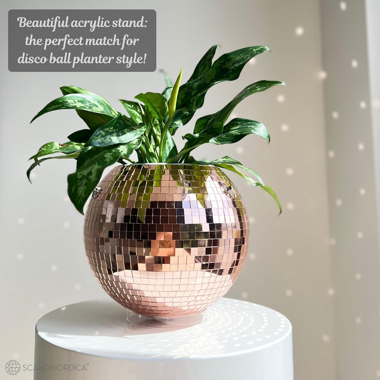 SCANDINORDICA Disco Ball Planter – Value Package: Mirror Disco Planter with Chain, Macrame Hanger and Acrylic Stand for Desk, Self Watering Insert, Plant Lover Gifts | 10 inch Rose Gold