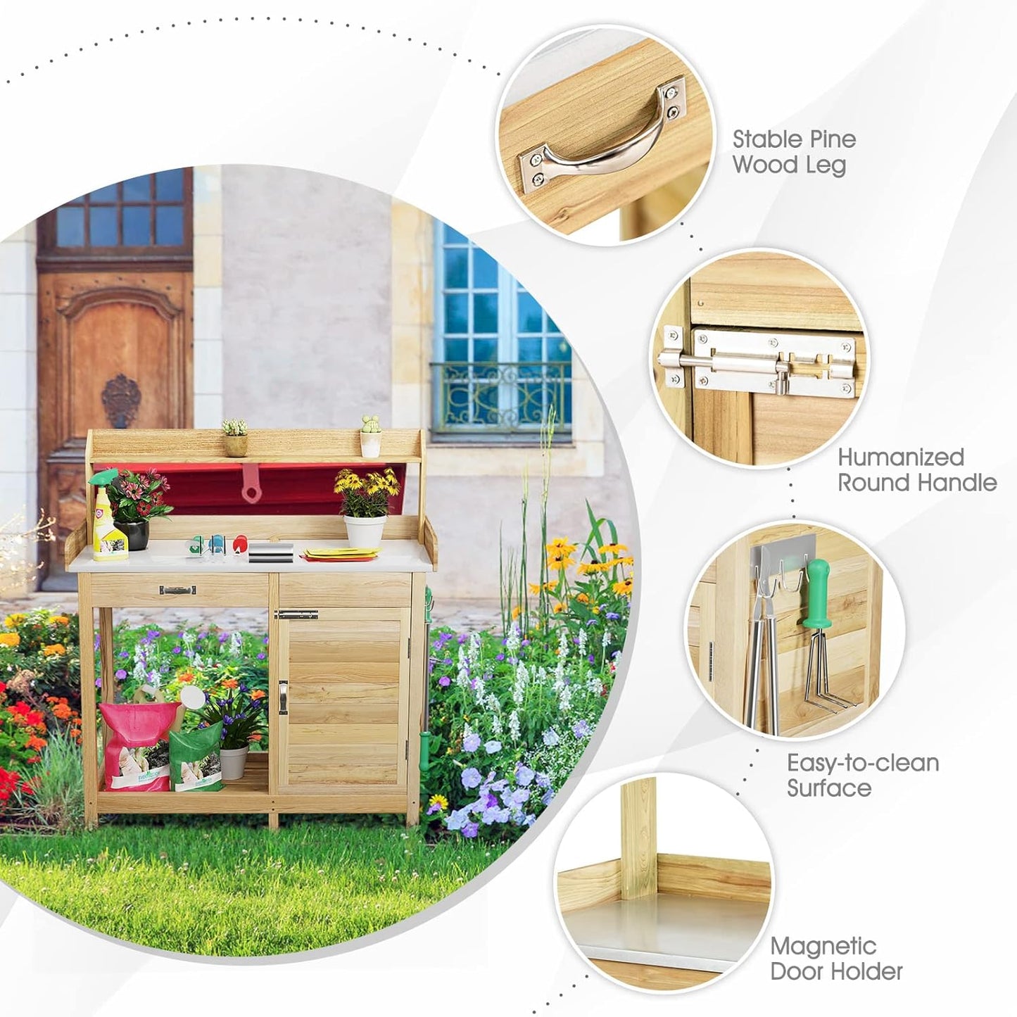 S AFSTAR Outdoor Potting Bench Table, Wooden Garden Work Station with Drawer, Storage Cabinet, Open Shelf, Side Hooks, Metal Tabletop Gardening Workbench, Potting Benches for Outside Backyard Balcony