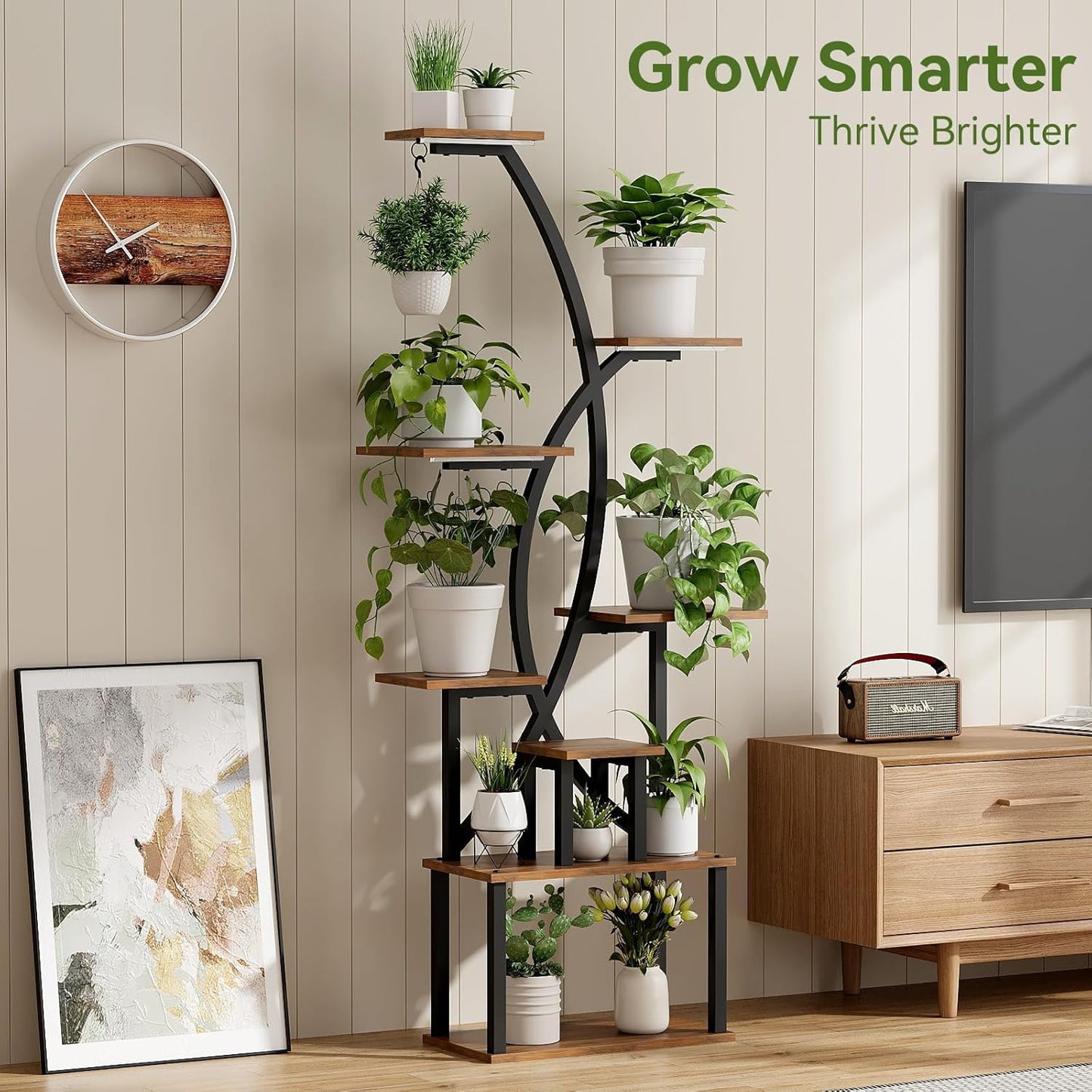 Plant Stand Indoor,8-Tier 65 inch Tall Plant Shelf for Indoor Plants with Grow Light, Plant Shelf with Adjustable Brightness & Timer,Modern Metal Plant Display Rack for Living Room/Patio
