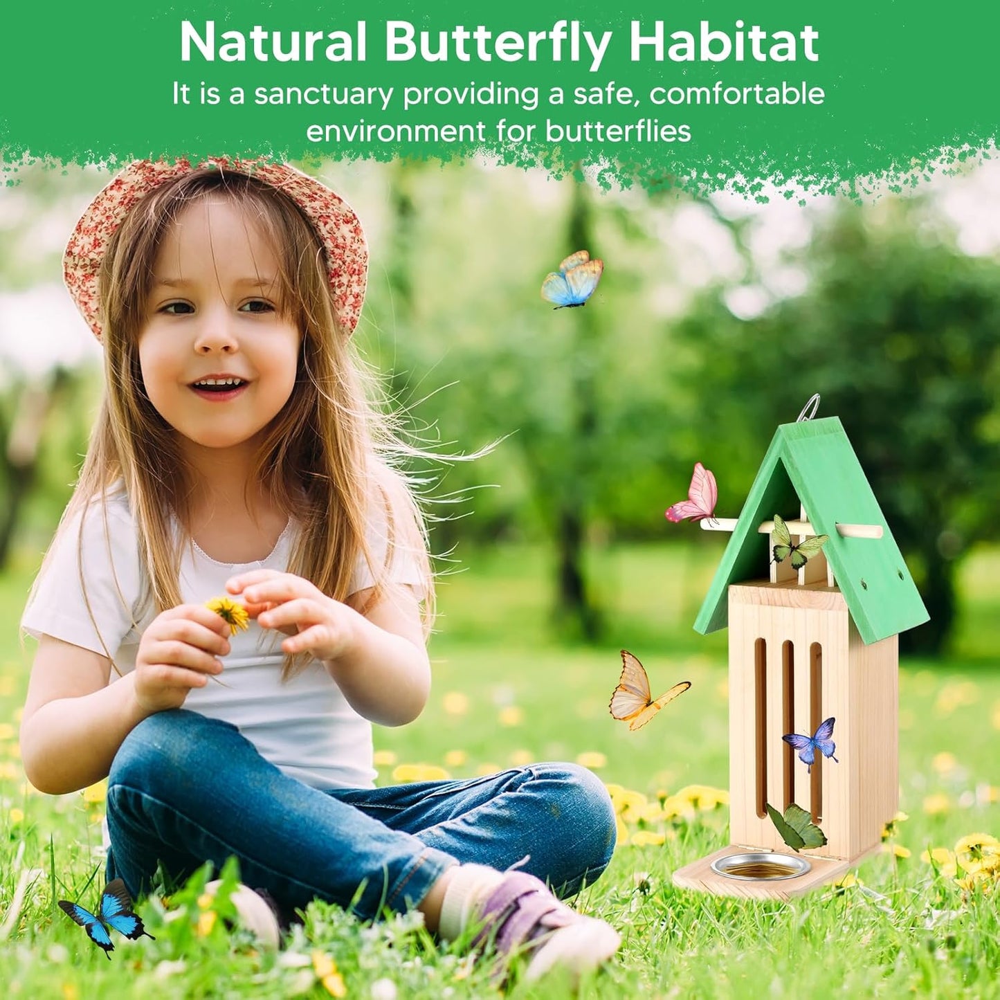 2PCS Butterfly House and Feeder for Outside, Wooden Butterfly House Butterflies Feeder for Garden, Butterflies Habitat with Puddler on Floor or Hanging on Tree Wall