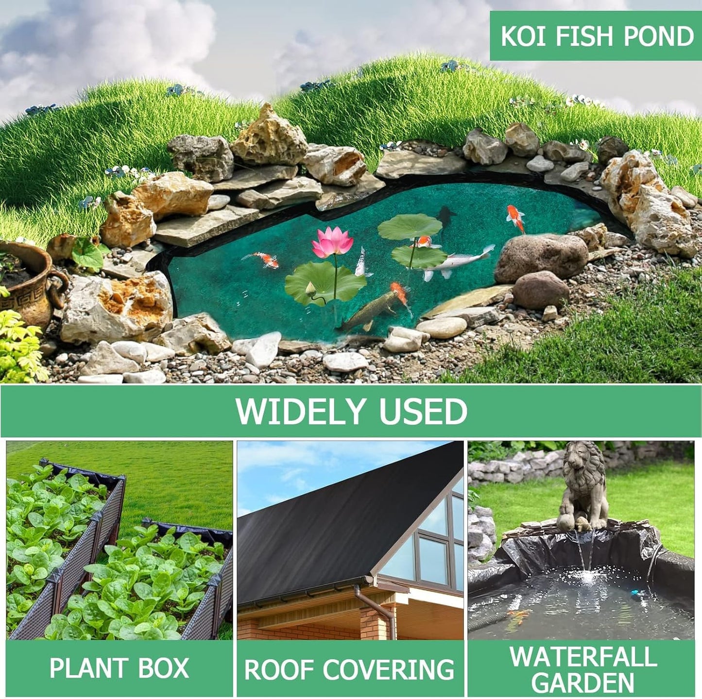 MYFAMIREA 10 FT x 13 FT Pond Liner, 20 Mil HDPE Pond Liner, Sun Resistant Preformed Easy Cutting Pond Liner Underlayment for Fish Koi Ponds, Garden Fountain, Waterfall Fish Pond