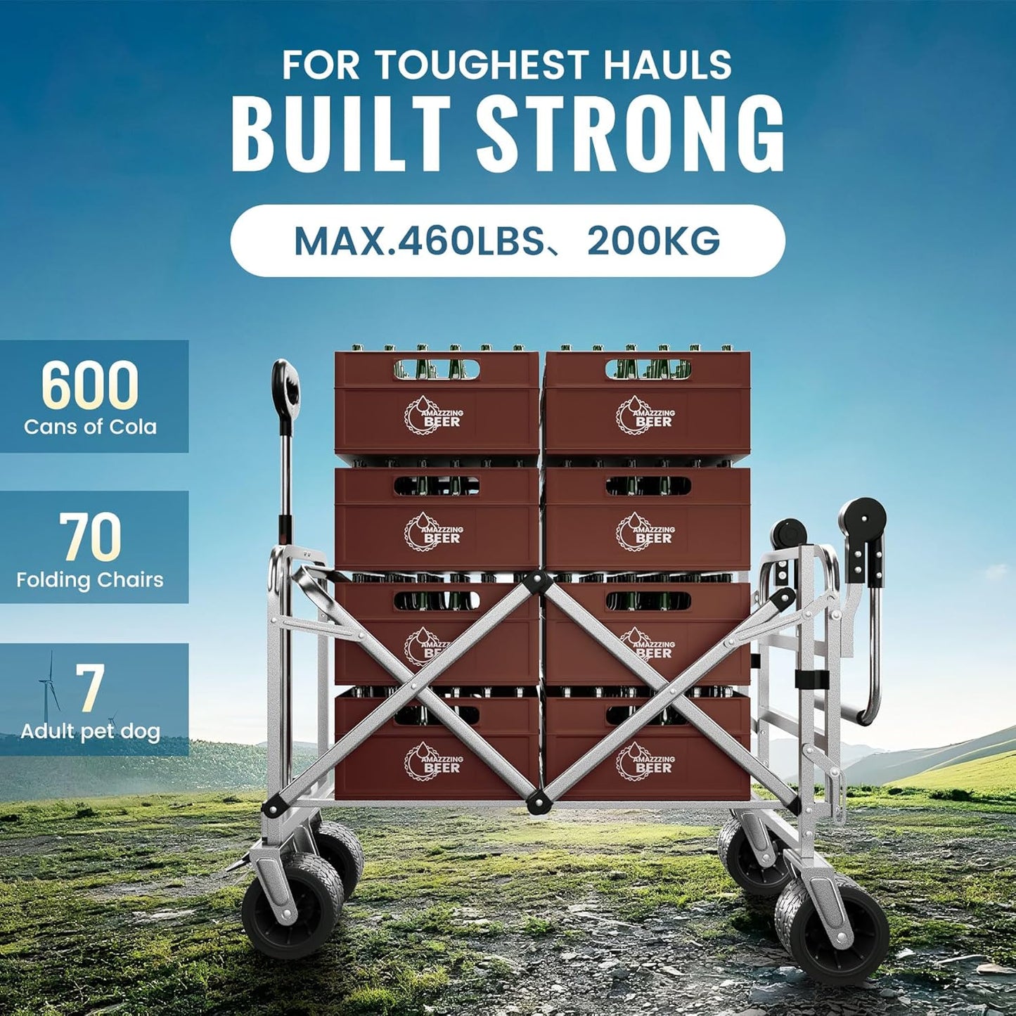 Upgraded 400L Large Capacity Folding Double Decker Wagon with Brakes(Black,54" Extra Long Extender Wagon Cart,660lbs Heavy Duty Collapsible Cart,All-Terrain Big Wheels for Camping,Shopping,Sport