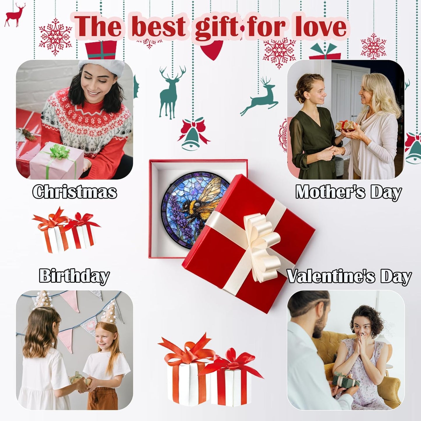 Stained Glass Window Hanging, Bee Lavender Sun Catchers Diamond Glass Panel Hangings Insect Suncatcher Decor for Birthday for Women, Men, Wife, Aunt, and Mom 11.8x11.8 in