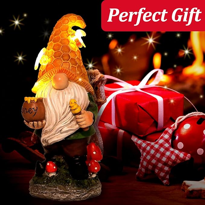 Solar Garden Gnomes Outdoor Statues-11.8‘’Outdoor Garden Decor-LED Outdoor Decor Light-Unique Housewarming Gifts Yard Art Sculptures for Patio Lawn Ornaments