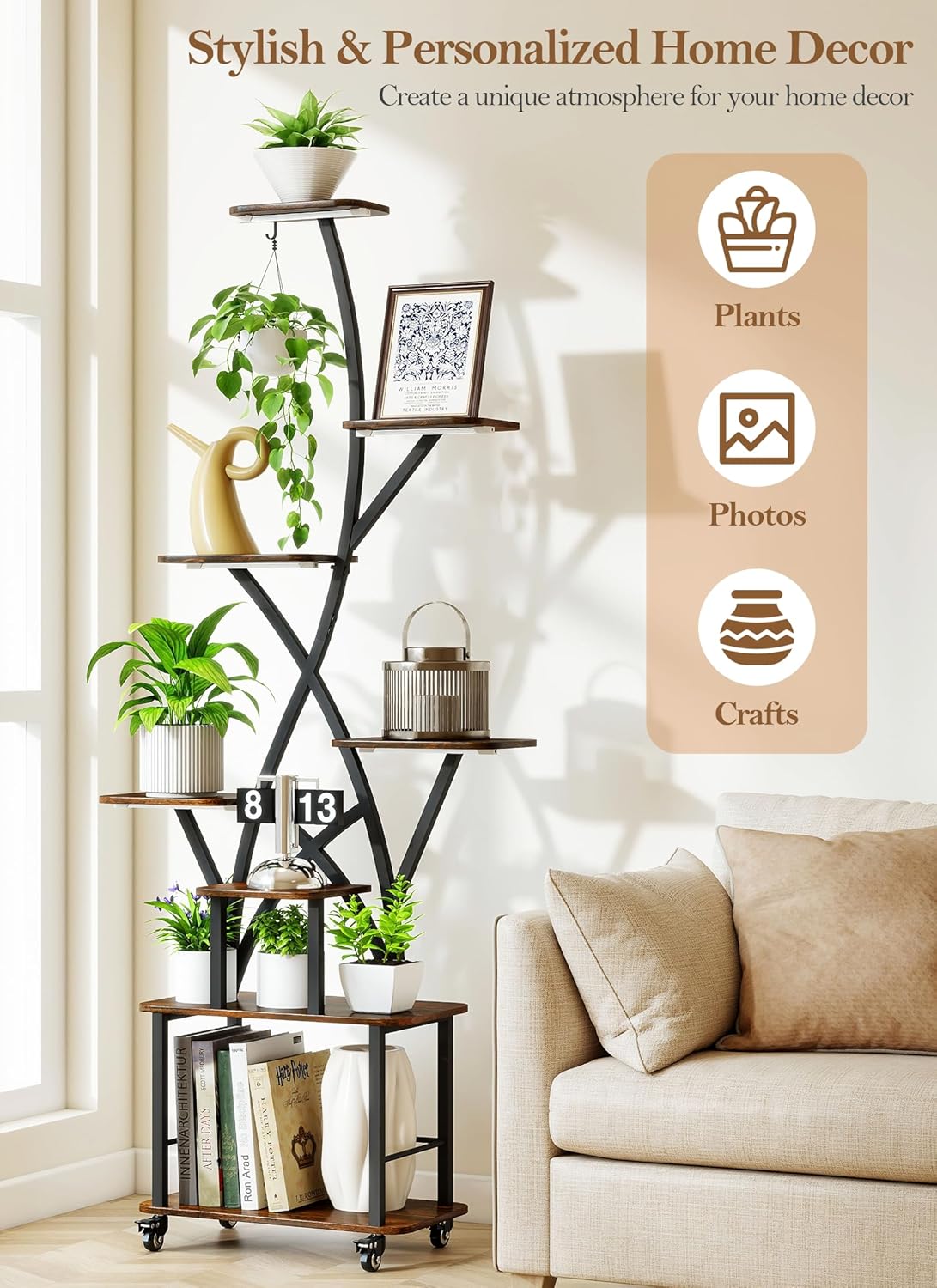 Plant Stand Indoor with Grow Lights 64" Tall Plant Shelf with Wheel Lighted Corner Plant Stands for Indoor Growing Multiple Metal 8 Tiered Large Flower Holder Plant Rack for Home Patio Balcony