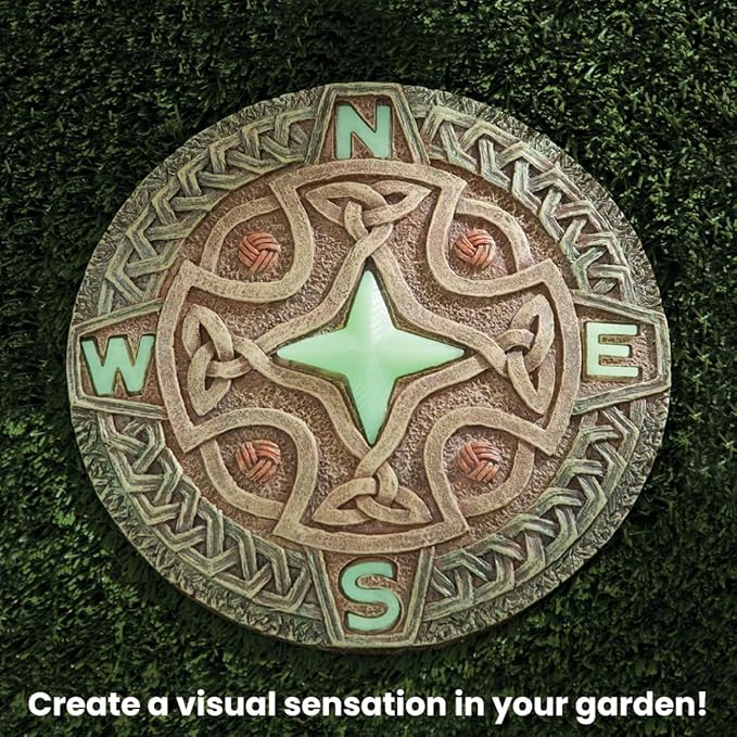 Bits and Pieces - 10” (25.5 cm) Glow-in-The-Dark Celtic Compass Decorative Stone - Yard Decoration – Beautiful Lawn/Garden Stone