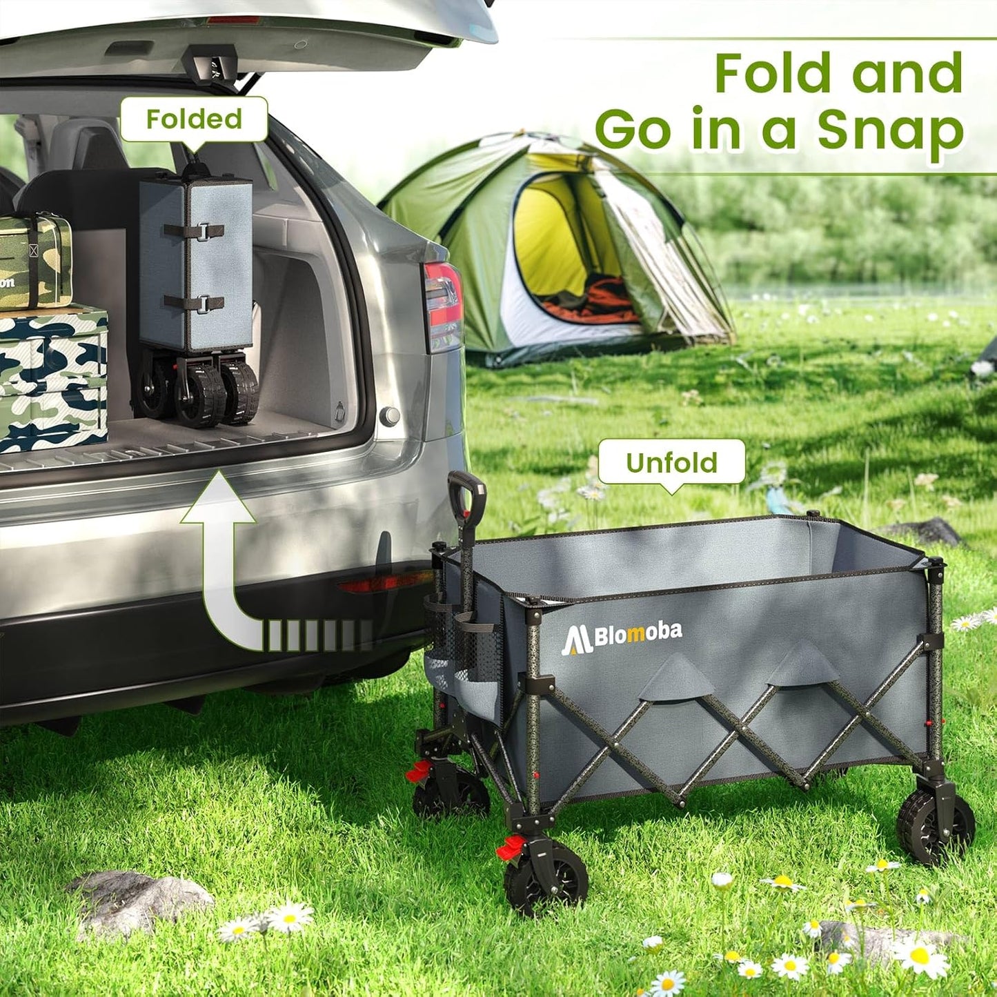 Collapsible Wagon Cart with Wider Wheels, 330lbs Heavy Duty Foldable Beach Wagon with Auto-Rebound Handle, 180L Utility Grocery Shopping Cart for Garden, Shopping, Camping, Sports, Gray