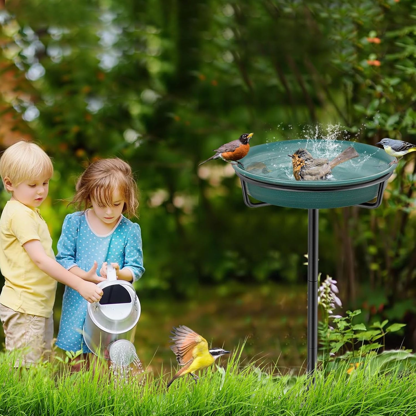 Bird Baths for Outdoors, Detachable Birdbaths for The Garden Clearance, Freestanding Bird Baths for Outdoors Heavy Duty, Bird Bath Bowl Spa & Birdfeeder with Metal Stake Stand (Green)