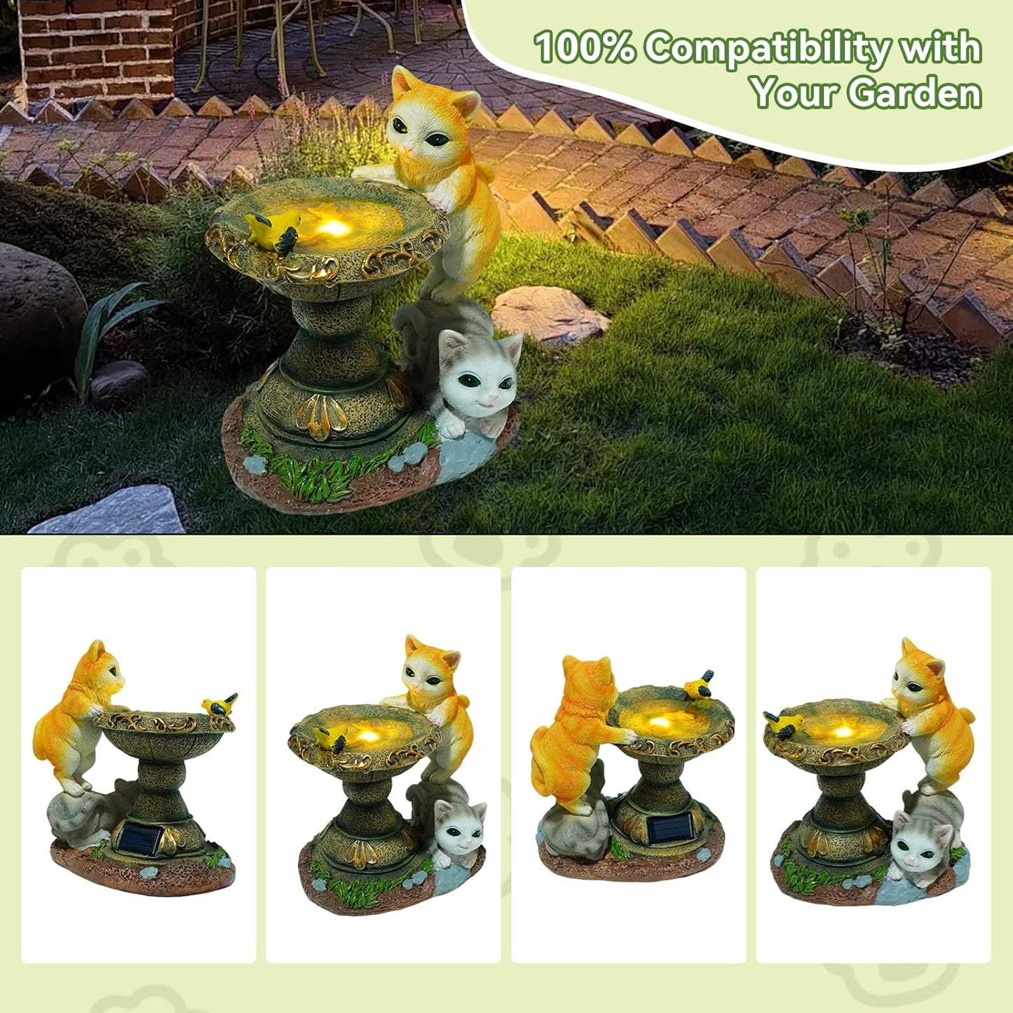 Solar Two Kittens Garden Statues with LED Lights, Outdoor Decor for Patio Yard Balcony - Unique Housewarming Birthday Gifts for Women Mom Grandma