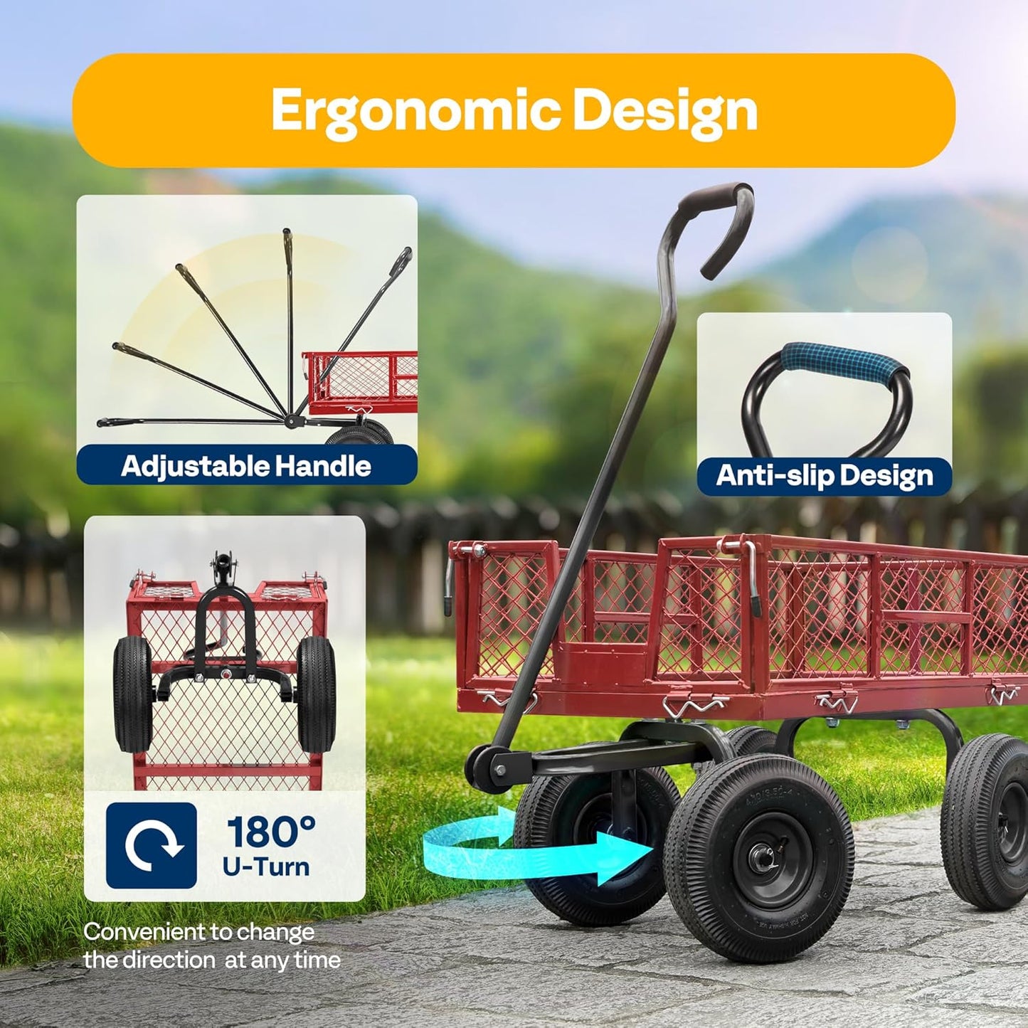 VIVOHOME Heavy Duty 880 Lbs Capacity Mesh Steel Garden Cart Folding Utility Wagon with Removable Sides and 4.10/3.50-4" Wheels 10 inch Tire(Red)