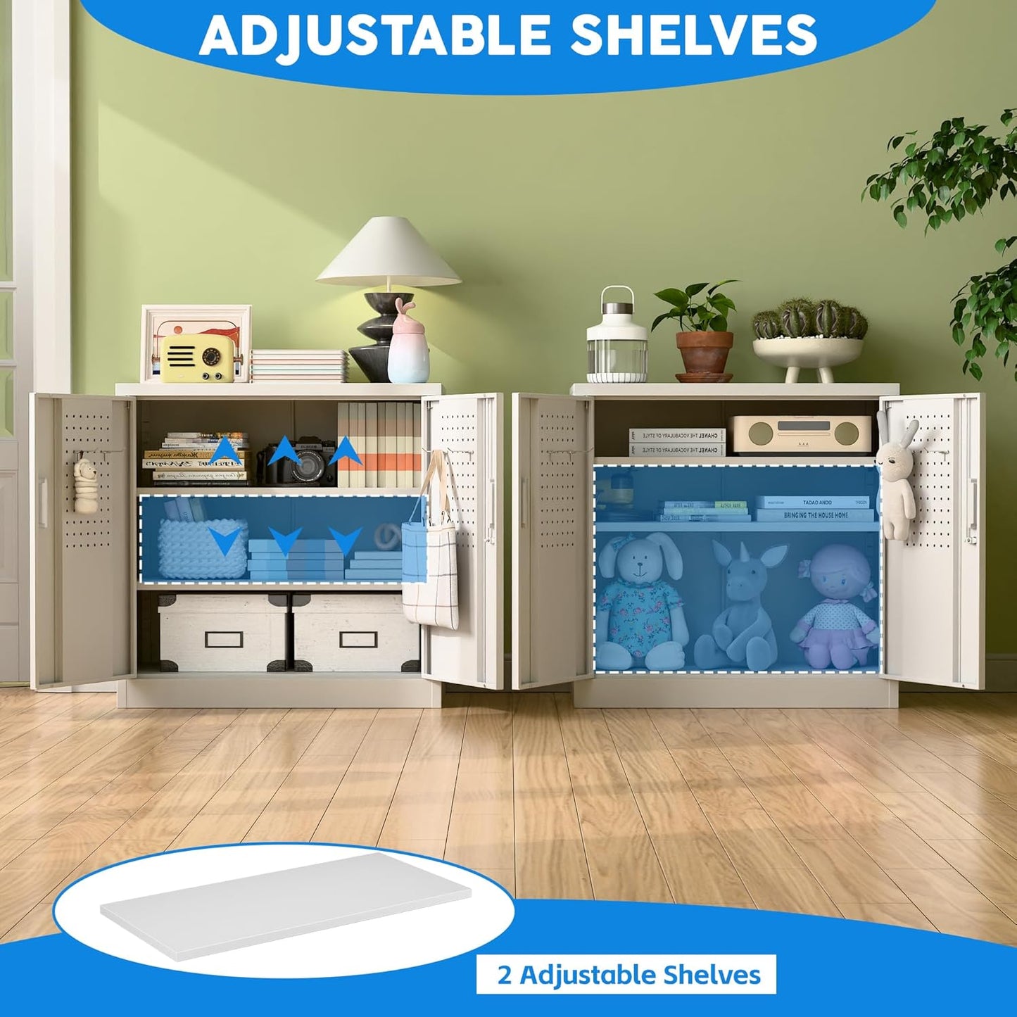 Metal Garage Storage Cabinet with Lock and Pegboard, Steel File Cabinets with 2 Lockable Doors and 2 Adjustable Shelves for Home, School, Office, Garage, Assembly Required, White