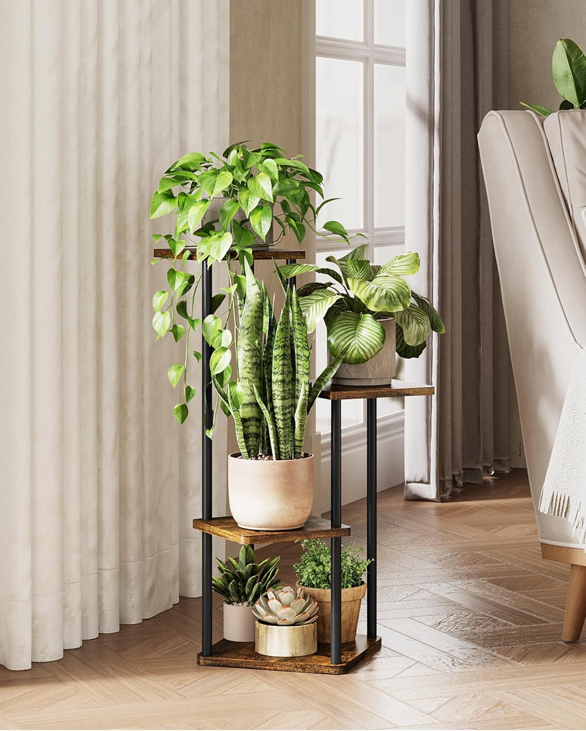 Tall Plant Stand Indoor 4 Tiered Plant Shelf for Multiple Plants Coner Shelf Stand Wood Plant Stand Metal Shelving for Living Room Bedroom Balcony Patio Brown Oak