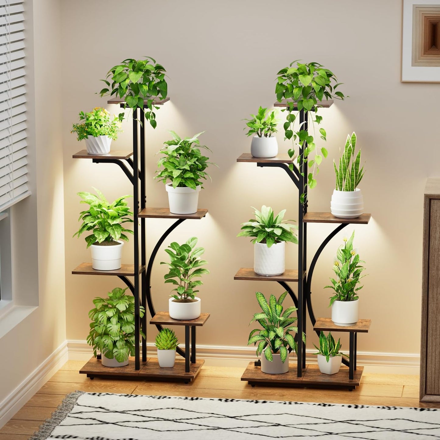 Plant Stand with Grow Lights Indoor, 6 Tiered Plant Shelf, 45" Corner Display Storage Shelf, Curved Design Flower Stand for Living Room, Bedroom, Patio Decor, Black