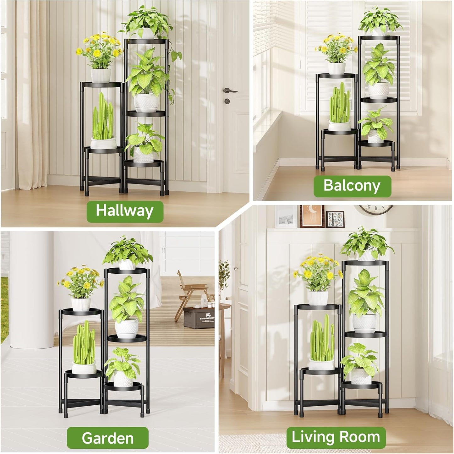 5 Tier Metal Plant Stand Indoor, Foldable Corner Plant Stands Outdoor, Rotatable Tiered Plant Stand, 31 Inch Tall Plant Shelf for Patio Living Room Balcony Garden Home - Black